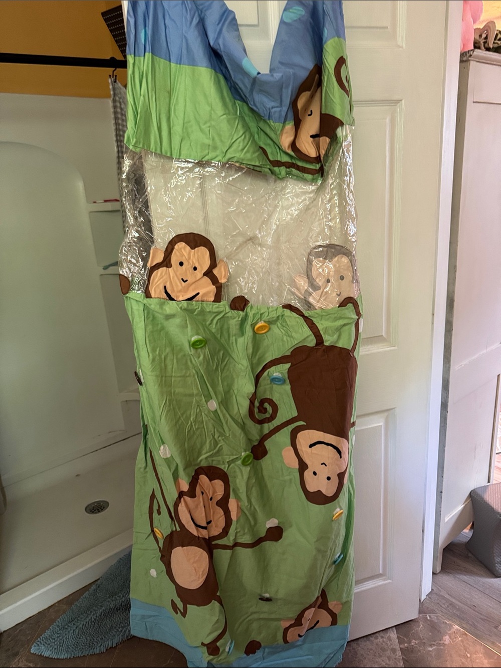 2 Monkey Hanging  shower curtain  Green and Blue